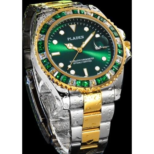 PLADEN Green Classic Watch Mens Round Luminous Gold and Silver Quartz WristWatch Man Calendar Outdoor Sports Business Gentleman