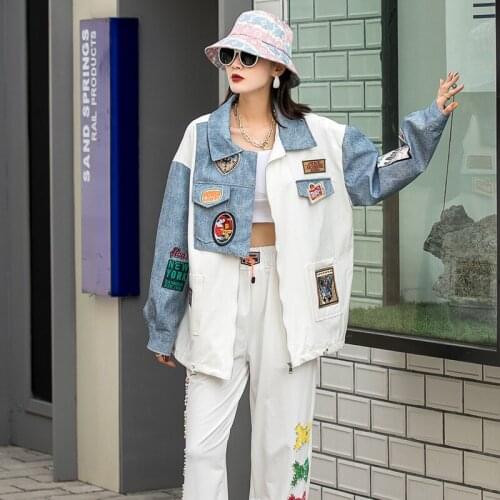 Women spring new color matching patch fashion windbreaker jacket women loose lapel zipper baseball uniform Y772