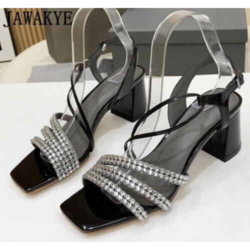 New Crystal Block Heels Women Sandals Open Square Toe Narrow Band Party Sandals Ankle Strap Bling Diamond Women Shoes Summer