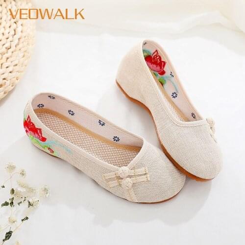 Cotton Buttons Floral Embroidery Women Slip on Ballets Flats Vintage Ladies Comfortable Soft Fabric Shoes Sapato Feminino