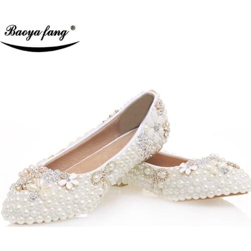 BaoYaFang New Womens Wedding shoes bride shoes fashion real leather Flat low heel woman party dress shoes leather insole