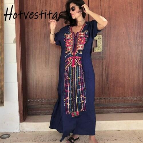 Hotvestita Kaftan Beach Short Sleeve Summer Maxi Dresses Embroidered Tunic Women Navy Blue Sarong Loose Beach Wrap Cover Ups
