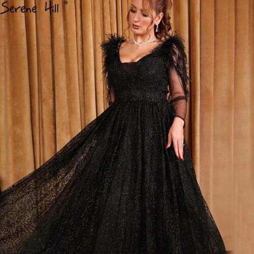 Serene Hill Dubai Pink A-Line Long Sleeves Evening Dress 2020 V-Neck Feathers Crystal Sparkle Formal Party Wear Gown - DLA70574