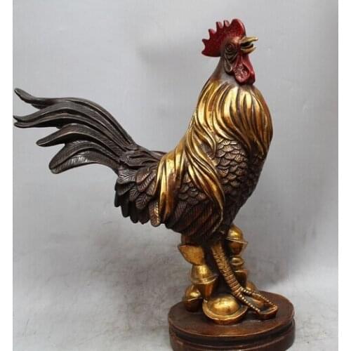 14" Chinese Feng Shui Bronze Wealth Zodiac Year Rooster Cock Statue Sculpture Brass Copper garden
