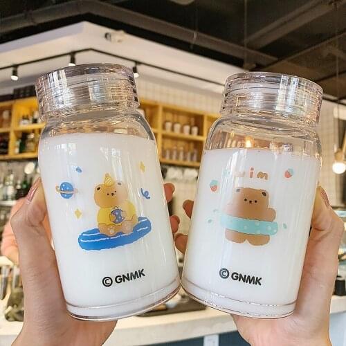450ml Cartoon Bear Glass Water Bottle Thick Heat Resistance Drinking Bottles Cute Milk Coffee Tumblers for Student Girl Gift