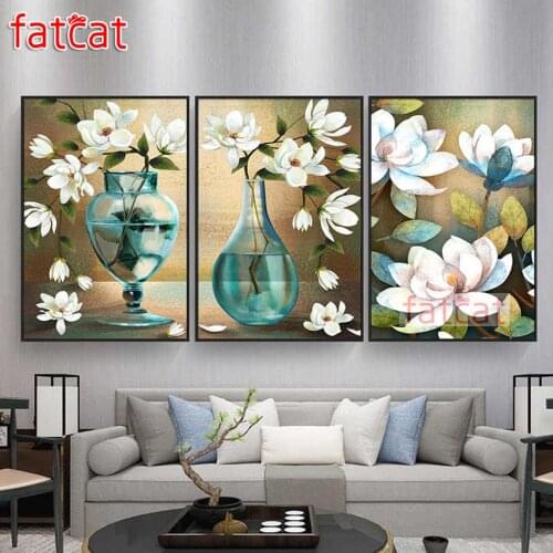 FATCAT Still life white flower vase diamond painting 5d diy full square round drill rhinestone embroidery triptych decor AE2013
