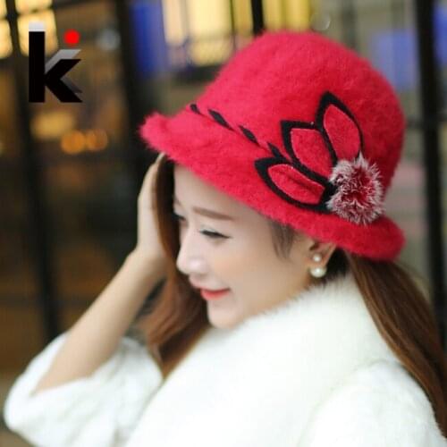 Free Shopping Fashion And Elegant Womens Hat Fedoras Winter Pure Rabbit Fur Keep Warm Cap Flower Decoration Small Fedoras Caps