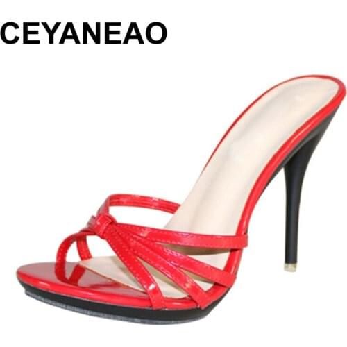 CEYANEAO Summere New Plus Size 34-48 Candy 11 Colors OL/Dress Open Toe Cross Tied Thin Heel Sandal Slides Woman Slipper Shoes