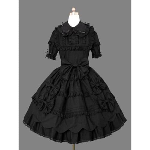 Black Lolita Dress Short Sleeve Bows Gothic Layered Ruffles Lolita One Piece Dress