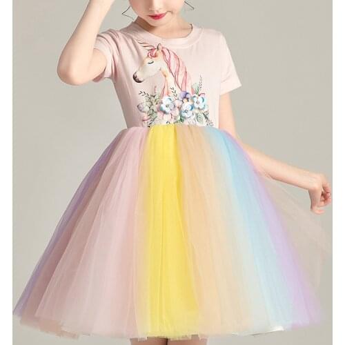 Kids Dresses For Girls Unicorn Printed Wedding Party Clothes Princess Summer Childrens Rainbow Tutu Short Dress