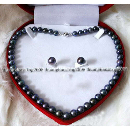 Long 18" 8-9mm Black Akoya Pearl Necklace+Earring Set