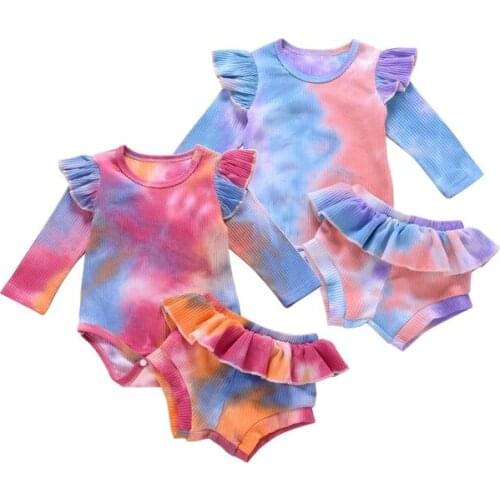 Newborn Baby Boys Girls Tie-Dye Casual Suits O-Neck Long-Sleeves Unisex Romper Tops+ Elastic Shorts 0-24M Baby Ribbed Clothing