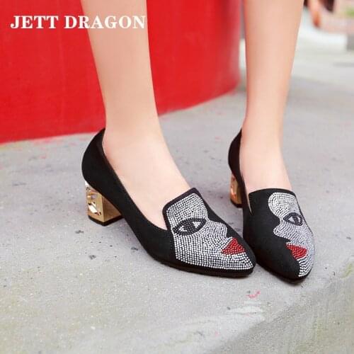JETT DRAGON Spring 2021 New Women Thick Heels Heel Shoes Luxury Diamond Office Pump Woman Pointed Single Shoes Plus Size 34-45