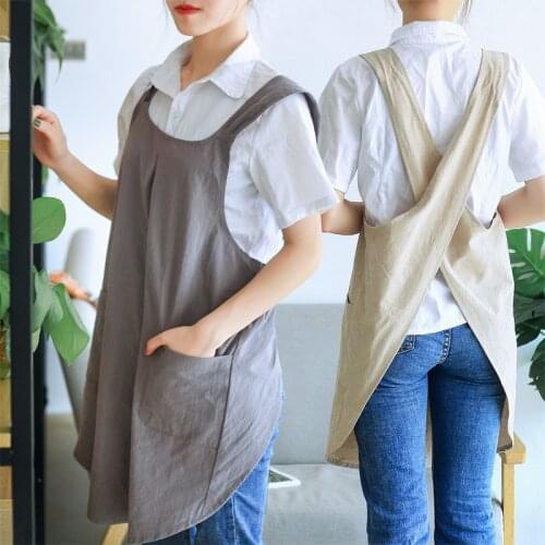 Japanese Style Cotton Linen Apron Retro Solid Color Strap Pinafore With Pocket Practical Household Product