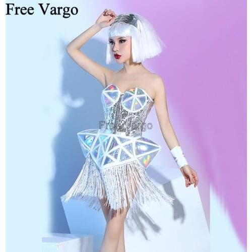 Holographic Burning Man Sexy Laser PU Sequin Fringe Festival Rave Outfits Dress Gear Dance Wear Women Singer Stage Costume