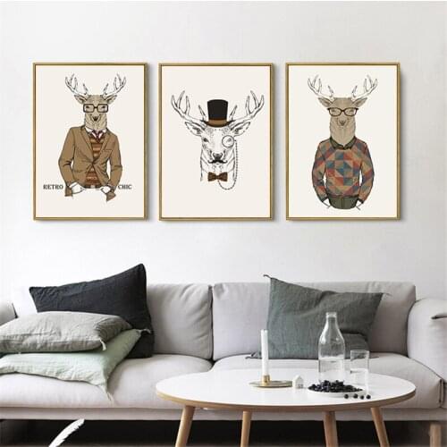 HAOCHU Retro Chic Hippie Mr.Deer Giraffe Animal Print Art Picture Nordic Canvas Painting for Living Room Sofa Background Decor