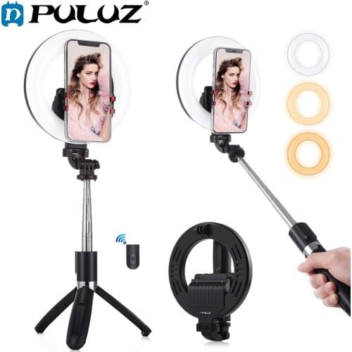 PULUZ 5.0 inch LED Selfie Ring Light with Tripod Stand Bluetooth Selfie Stick Live Broadcast YouTube Vlogging Phone Fill lamp