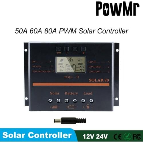 PowMr 50A 60A 80A PWM Solar Charge Controller 12V 24V LCD Display PV Battery With 5V USB Solar Charger Regulator 1920W S60 S80