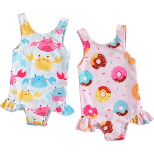 Summer Infant Kids Girls One Piece Bikini Ruffles Cute Crab/Donut Printing Sleeveless Swimwear for Vacation