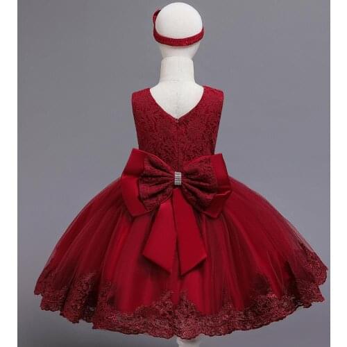 Summer Fashion Princess Party Dresses Solid Elegant Birthday Kids Dresses for Girls Lace Tulle Dresses with Headband for 0-5 Yrs