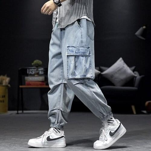 Fashion Men Baggy Hip Hop Cargo Jeans Camo Patch Pockets Cuffed Harem Denim Pants Joggers Trousers Loose Fit Washed For Male