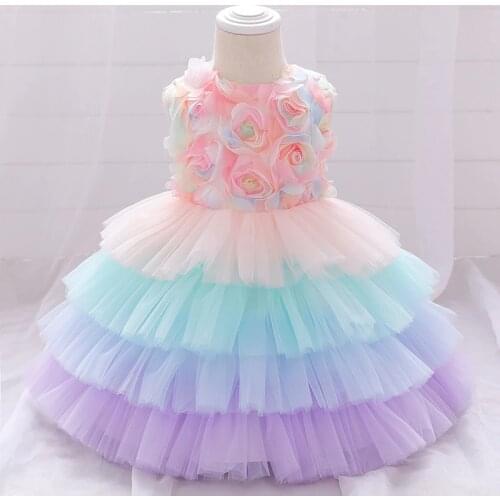 2020 Autumn Girls Color Matching Mesh Cake Dress Little Girls Rainbow Flower Sleeveless Princess Dress Baby Girl Bowknot Dresses