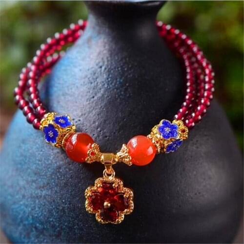 Natural garnet multi-circle four-leaf clover flower pendant crystal bracelet women wholesale garnet grape ball women