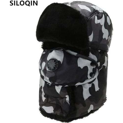 SILOQIN New Winter Thermal Bomber Hats For Men Women Camouflage Hat Velvet Thicken Windproof Earmuff Hat Protection Face Ski Cap