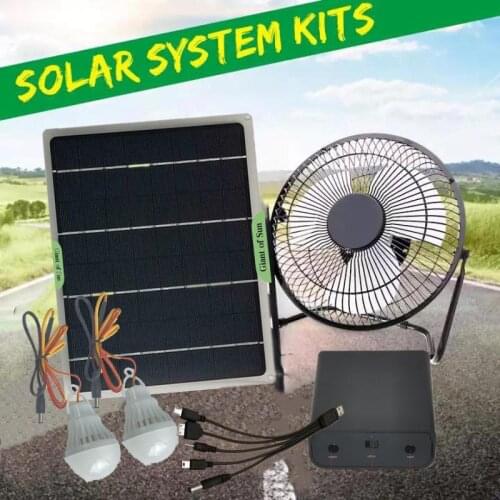 12V USB Solar Power Panel Generator Kit Cooler with 3 LED Bulbs Light and 8 inch Fans for Home System Indoor Outdoor Camping