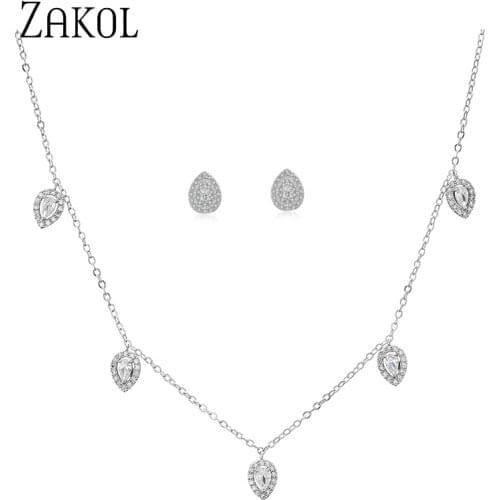 ZAKOL 2021 New Arrival Exquisite Water Drop Cubic Zirconia Small Stud Earrings Choker Necklace Jewelry Sets for Women SP3313
