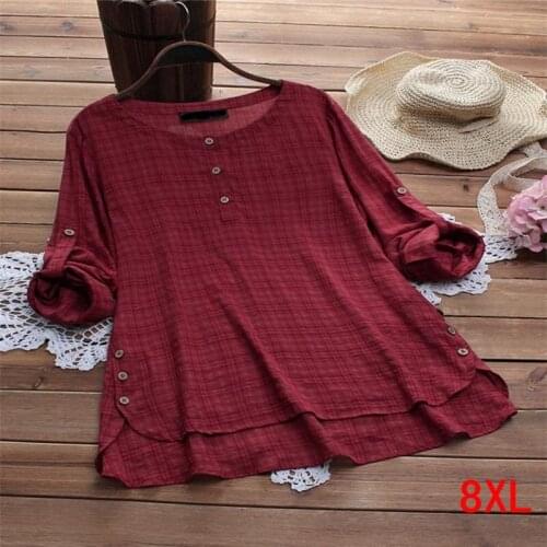 Large size womens shirt cotton and linen plaid button plus size 5XL 6XL 7XL 8XL summer round neck long sleeve loose red shirt