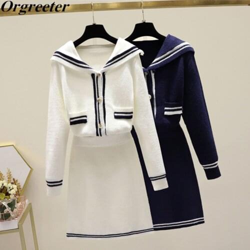 Navy style Knitted Cardigan Skirt Two piece set Women 2021 Fall Winter New Preppy Style Sailor collar Sweater +Mini Skirt Suits