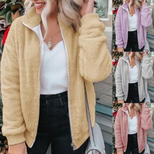 Winter Women Solid Color Plush Long Sleeve Zipper Turn Down Collar Coat Cardigan Sweaters Plush Jacket Warm Thick Casual Coat