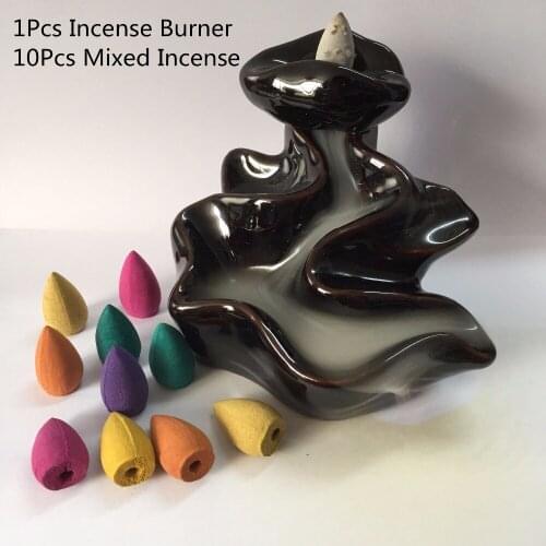 1Pcs Retro Handmade Porcelain Ceramic Backflow Incense Burner Holder With 10Pcs Incense Buddhist Decoration Home Aromatherapy