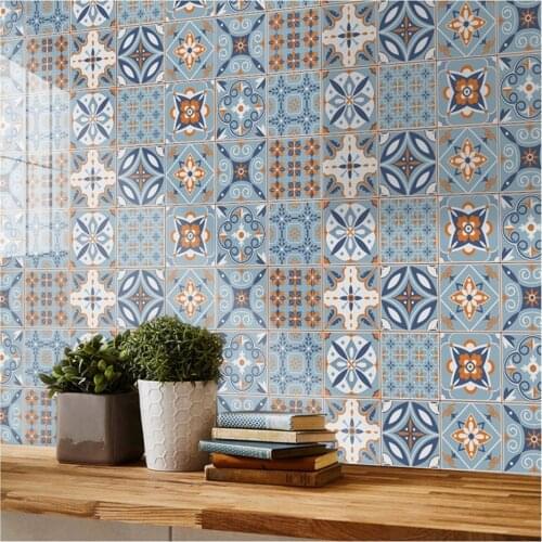10pcs Blue Pattern Tile Stickers For Kitchen Backsplash Waterproof Wallpaper Peel & Stick Vinyl Bathroom Wall Sticker Home Decor