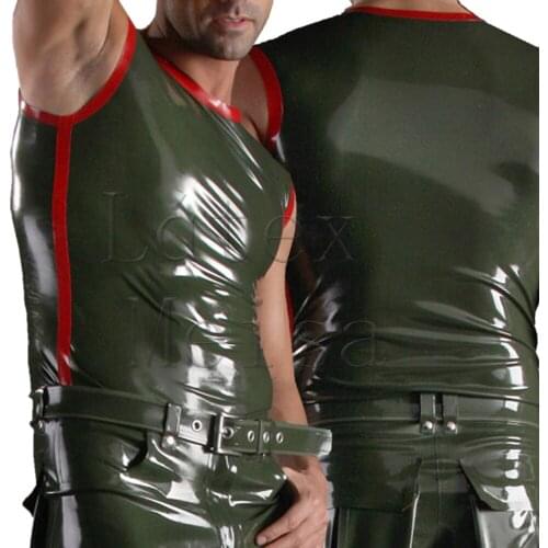 Army green patchwork red color sexy latex vest with round neck for men