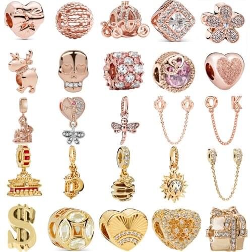2021 New Rose Gold Carriage Flower Golden Moon Sun Beads Fit Pandora Charms Silver Color Bracelet Women Original Fashion Jewelry