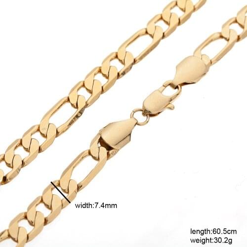 Real yellow plated 60cm long solid curb hammered Chain for men women 24 inches 7.4mm 30grams gold box chain necklace