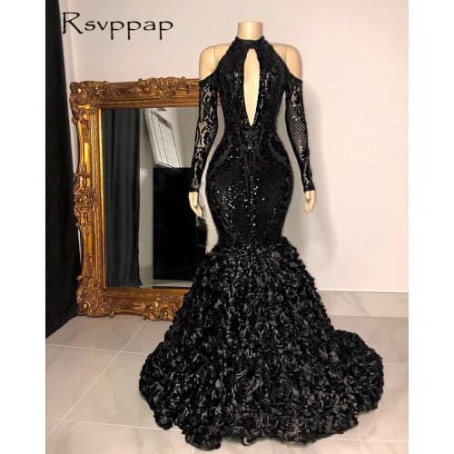 Black Mermaid Long Prom Dresses 2021 African Girl Designed Long Sleeve Sequin Top 3D Flowers Prom Dress