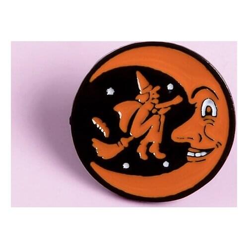 Round witch moon Enamel Brooch Moons evil smile Badge Witch rode her broom to the starry night sky Lapel Pin Halloween jewelry