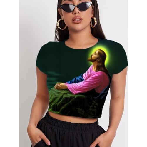 3d Tshirt Jesus T-shirt Women Christian Tshirt Printed Sacred Navel Bare Harajuku Funny T shirts Womens Clothing T shirts