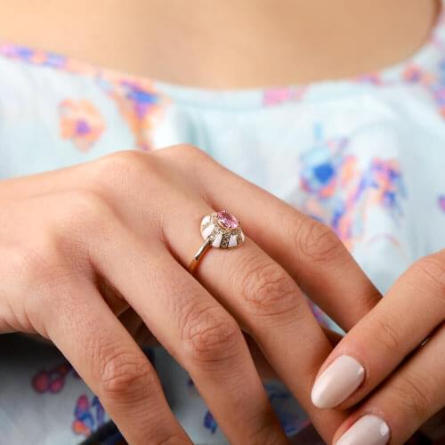 Sembolgold White Gold Ring 14 Carat Enamel Ovals Simple Handmade Finger Jewelry Wedding Accessories Opening Ring