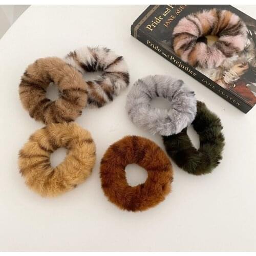 Leopard Fluff Elastic Hair Bands Hair Ties Ropes Vintage Fur Plush Rubber Bands Scrunchies Striped Hair Accessories Wholesale