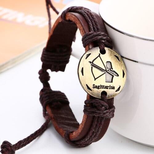 Fashionable Bronze Alloy Buckles Zodiac Signs Bracelet Punk Leather constellation Bracelet Black Hematite Lover Charm Jewelry