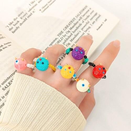 2021 New Lovely Funny Korean Colorful Beads Cartoon Little Monster Elasticity Rings for Women Girls Kids Party Jewelry Gifts