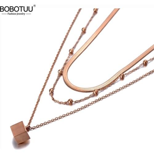 BOBOTUU New Bohemia Titanium Stainless Steel Three-layer Square Choker Necklaces Pendant Chain Link Necklace For Women BN20014