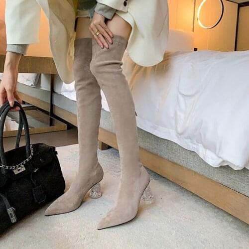 Ochanmeb Top Quality Elastic Stretch Faux Suede Leather Over-the-Knee High Boots Women Clear Transparent High Heels Shoes Woman