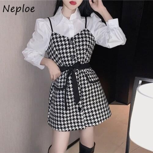 Neploe 2021 Autumn New Fashion Women Dress Two-piece Temperament Suspender Plaid Dresses + Long Sleeve White Shirts Female 2pcs
