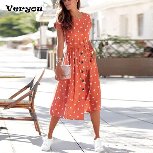 Summer Womens Dresses Fashion O Neck Print Polka Dot Buttons Casual Loose Lace Pocket Woman Short Sleeve Dress 2021 Robe Femme