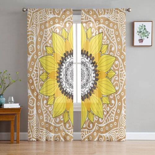Sunflower And Mandala Khaki Sheer Curtains for Living Room Bedroom Kitchen Tulle for Windows Voile Drapes Home Decoration